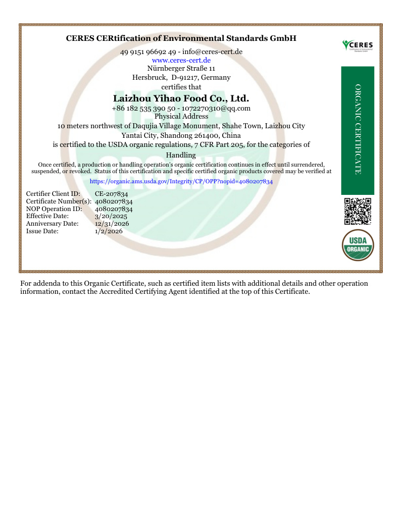 USDA NOP certificate